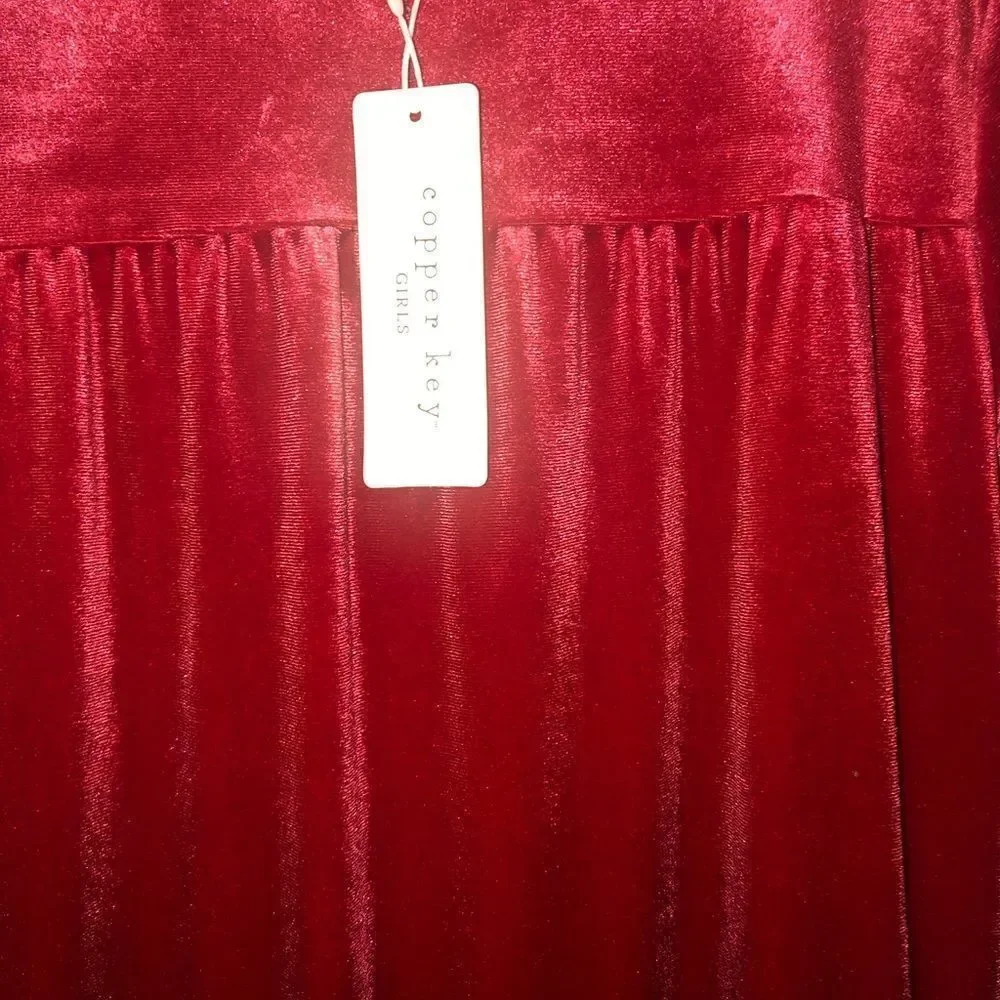 KIDS Girls Cooper Key Holiday Red Velvet Velour Long Sleeves Holiday Dre…